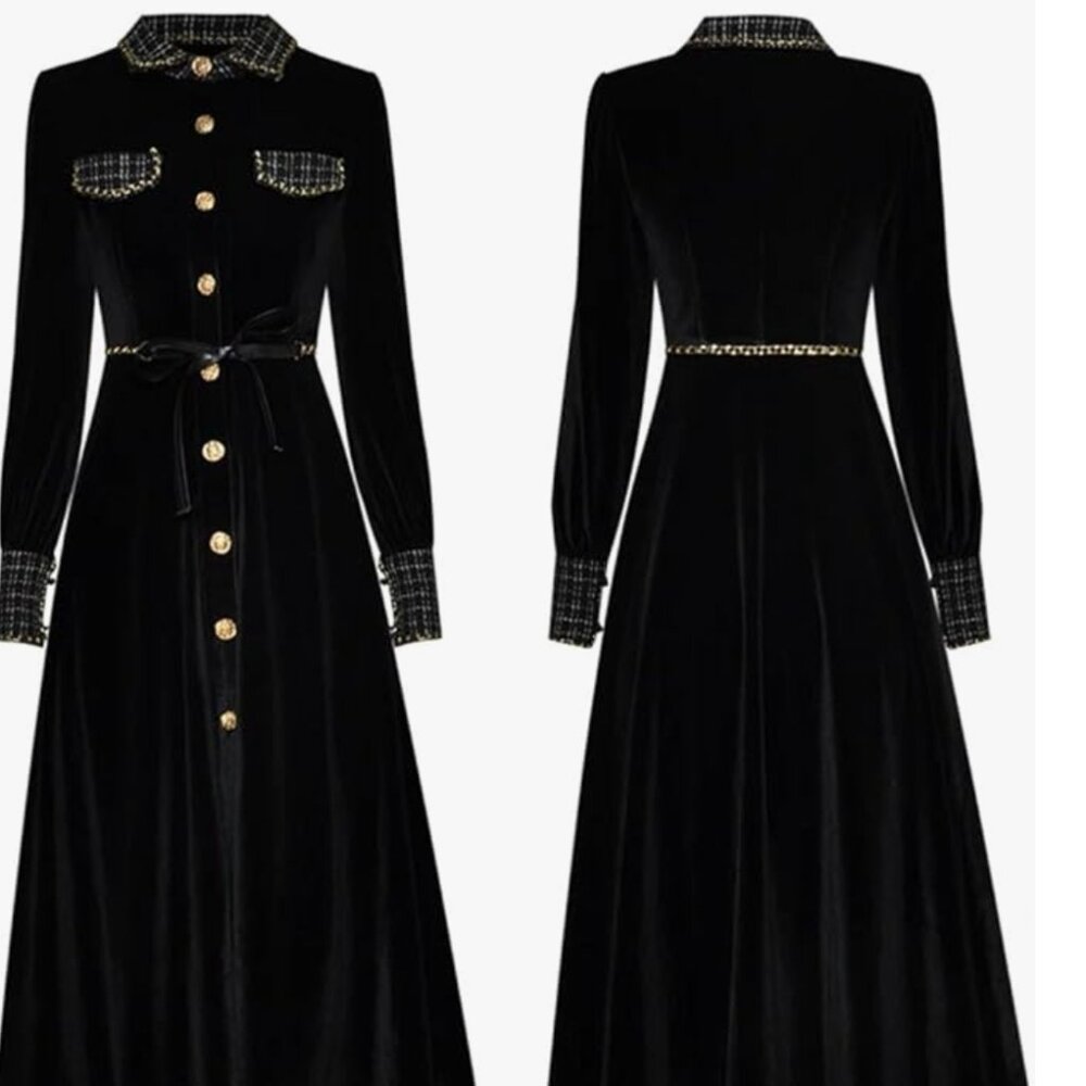 Women’s  Turn-Down Collar Long Sleeve Velvet Dress Small